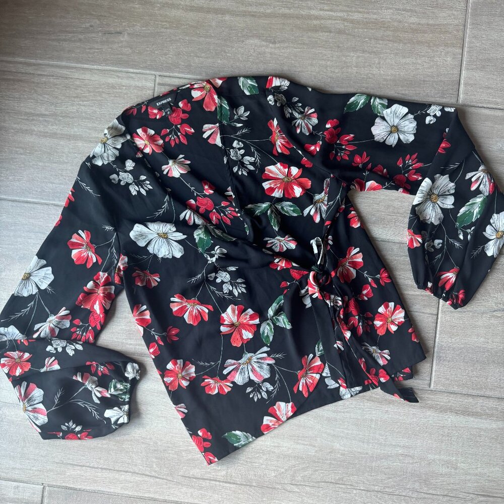 Express Black Floral Wrap Top Long Flowy Sleeves Size M